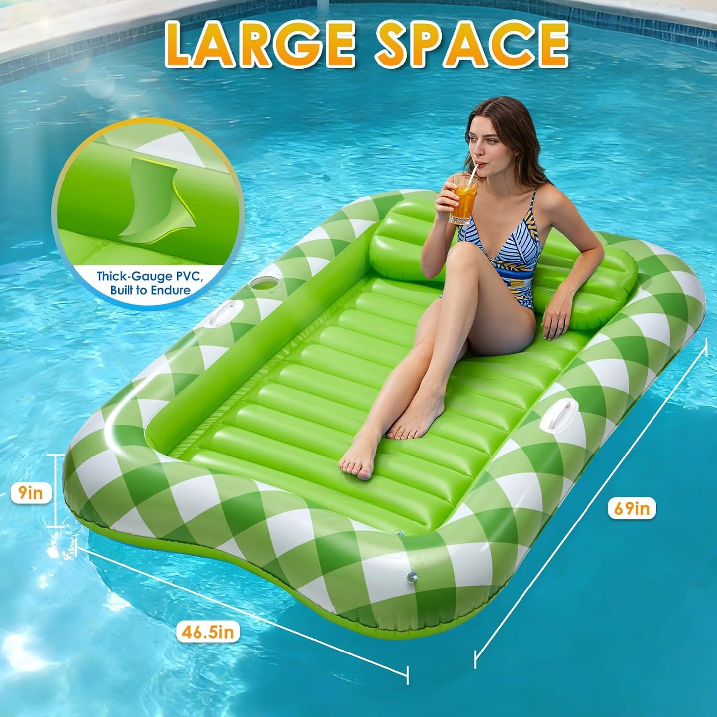 Inflatable Tanning Pool Lounger Float, 70" X 46" Blow up Pool Floats Adult with Pillow and Drink Holder, Sunbathing Tanning Bed Water Sun Tan Tub for Backyard Beach (Green)