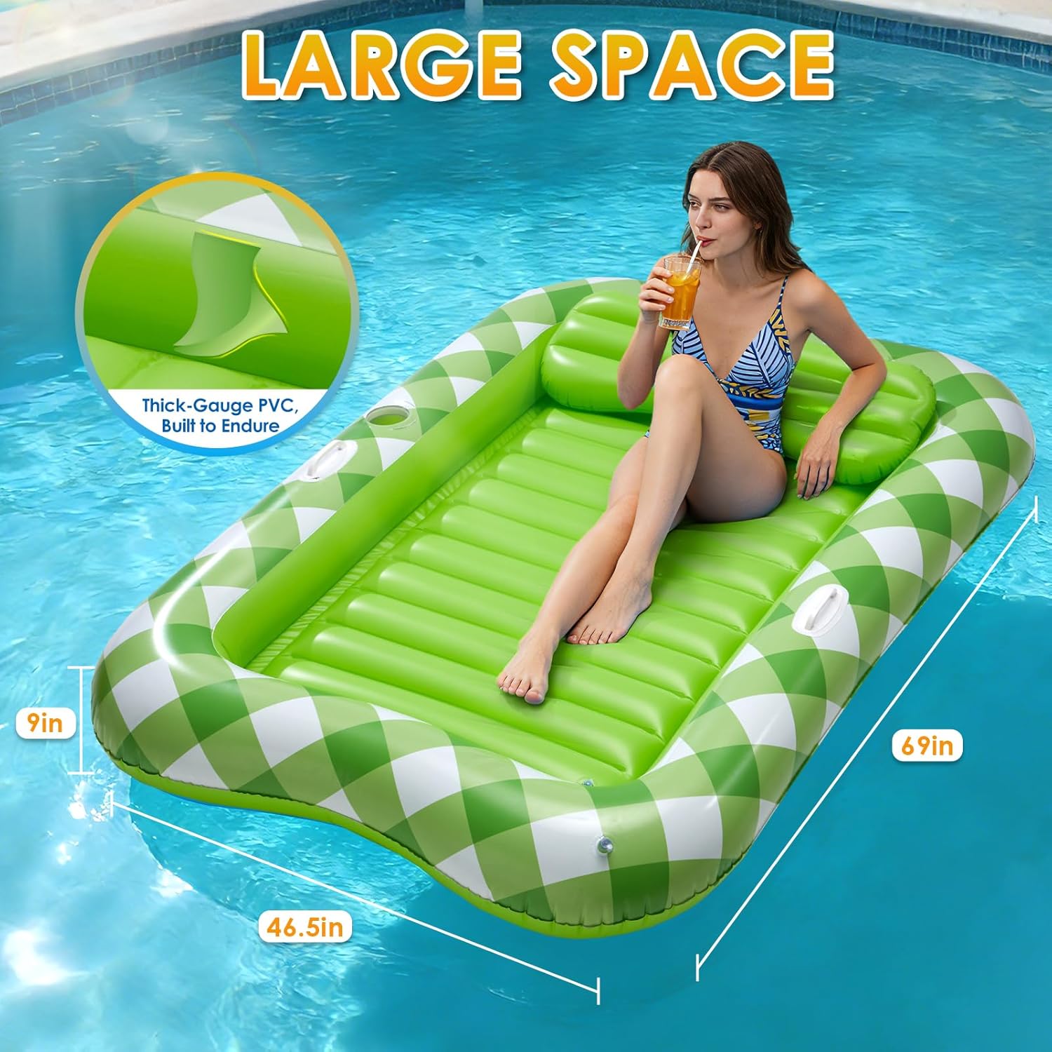 Inflatable Tanning Pool Lounger Float, 70" X 46" Blow up Pool Floats Adult with Pillow and Drink Holder, Sunbathing Tanning Bed Water Sun Tan Tub for Backyard Beach (Green)