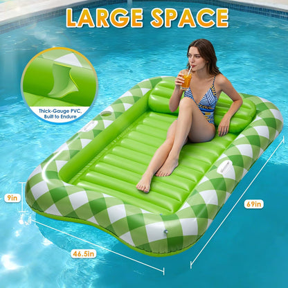 Inflatable Tanning Pool Lounger Float, 70" X 46" Blow up Pool Floats Adult with Pillow and Drink Holder, Sunbathing Tanning Bed Water Sun Tan Tub for Backyard Beach (Green)