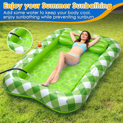 Inflatable Tanning Pool Lounger Float, 70" X 46" Blow up Pool Floats Adult with Pillow and Drink Holder, Sunbathing Tanning Bed Water Sun Tan Tub for Backyard Beach (Green)