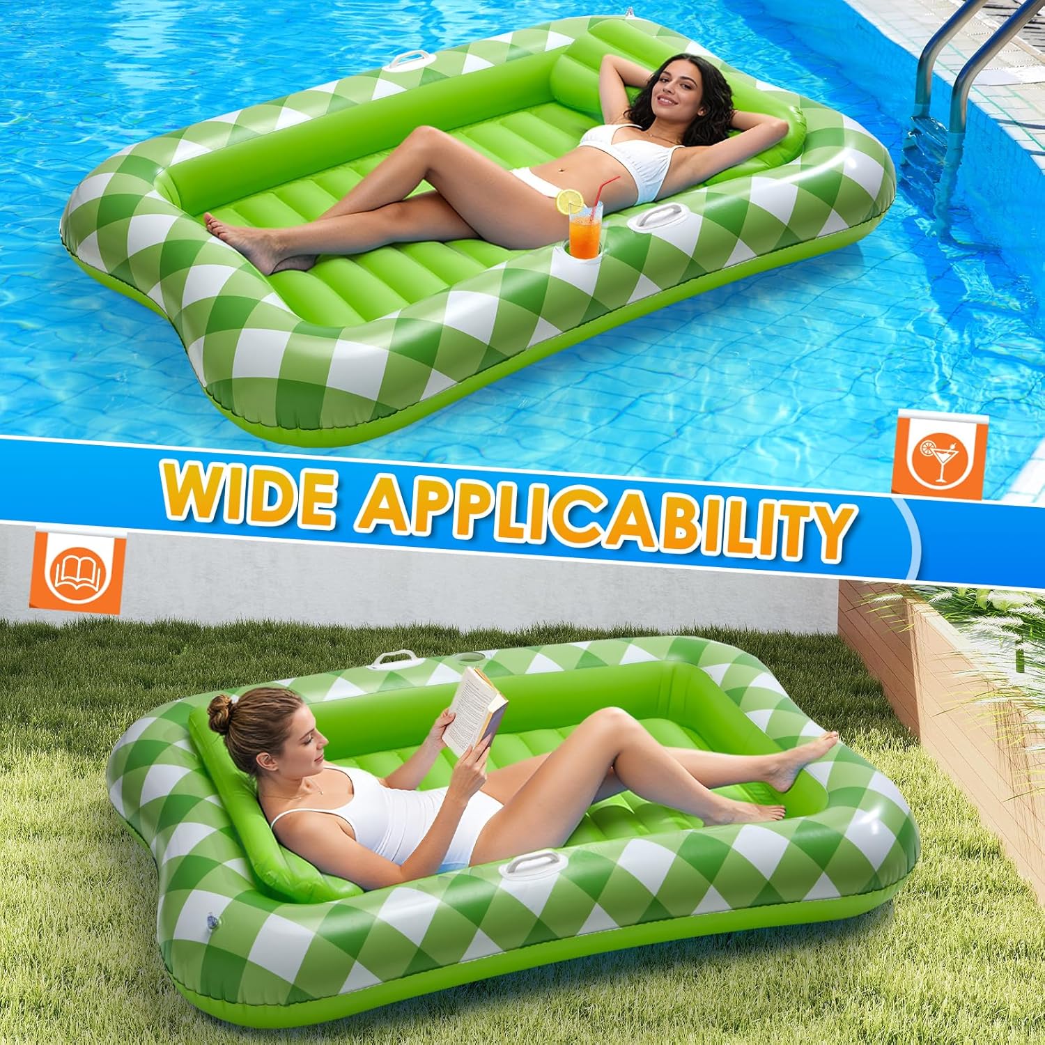Inflatable Tanning Pool Lounger Float, 70" X 46" Blow up Pool Floats Adult with Pillow and Drink Holder, Sunbathing Tanning Bed Water Sun Tan Tub for Backyard Beach (Green)