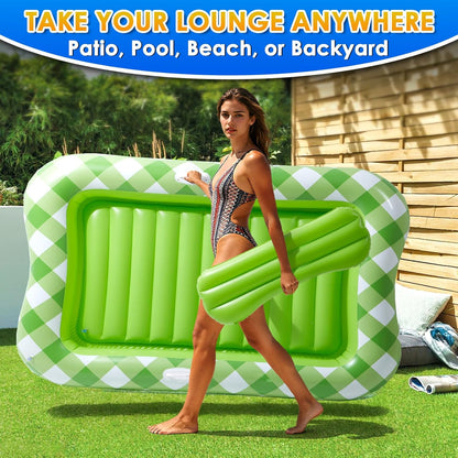 Inflatable Tanning Pool Lounger Float, 70" X 46" Blow up Pool Floats Adult with Pillow and Drink Holder, Sunbathing Tanning Bed Water Sun Tan Tub for Backyard Beach (Green)